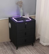 Noptieră inteligentă multifuncțională, 3 sertare cu maner, blocare cu amprentă, LED-uri tactile, 3 tipuri de culoare, încărcare fără fir, Difuzor Bluetooth, incarcare USB, sticla securizata, Negru