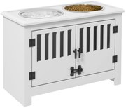 PawHut Stație de Hrănire Ridicată pentru Câini Mari, 2 Boluri din Oțel Inoxidabil, Spațiu de Depozitare, 35,5x60x30 cm, Alb | Aosom Romania