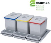 Coș gunoi încorporabil în sertar, Ecomax Praktico 800, colectare selectivă, 3 x 15 l Plastic, Gri, L:710 mm; A:475 mm; H:300 mm, 800 mm