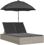 vidaXL Șezlong dublu cu perne/umbrelă de soare, gri deschis, poliratan