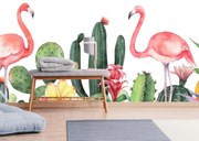 Fototapet - Flamingo în cactuși, acuarela (147x102 cm)