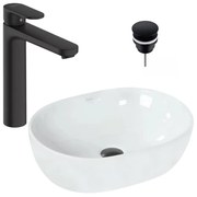 Pachet lavoar pe blat Rea Amelia alb 48 cm, baterie lavoar Hansgrohe Vernis Blend negru si ventil lavoar Click-Clack D negru