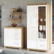 Mazzoni Set de mobilier SIMPLE Stejar Craft Auriu/Alb Luciu - VITRINĂ RAFTURI SUSPENDAT COMODĂ PENTRU LIVING