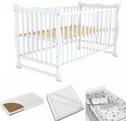 Patut din lemn masiv 120x60 cm Isla alb, include saltea cocos 12 cm, protectie impermeabila si set lenjerie matlasata 5 piese Kidizi