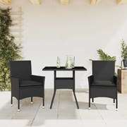 vidaXL Set mobilier de grădină cu perne 3 piese negru poliratan&amp;sticlă