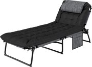 Outsunny Șezlong pliabil pentru grădină cu pernă, spătar reglabil în 4 poziții, buzunar lateral, negru | Aosom Romania