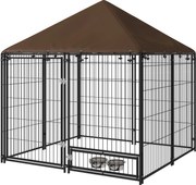 PawHut Gard pentru Câini din Metal cu Ușă pentru Boluri, Gard pentru Câini de Exterior cu Acoperiș, 141x141x151 cm, Negru și Maro