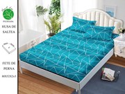 Husa de pat cu elastic 180x200 din Bumbac Finet + 2 Fete de Perna - Geometric Turcoaz