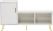 Dulap pentru pantofi cu finisaj lucios, bancă tapițată, rafturi ajustabile și accente aurii, pentru intrare, hol, 120x35x71,5 cm, Alb