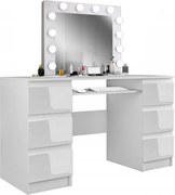 Masuta machiaj cu Oglinda LED si 6 Sertare pentru Cosmetice, Set Masa toaleta 130 cm, Alb Lucios, masuta cosmetica, vanity - SEA540