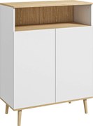 HOMCOM Bufet de bucătărie scandinav cu 2 uși, raft reglabil și picioare din lemn de pin, 80x38x102 cm, alb și stejar | Aosom Romania