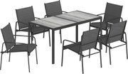 Outsunny Set de Prânz pentru Exterior, 7 Piese pentru 6 Persoane, Masă cu Efect de Lemn și Scaune cu Șezut Respirabil, Set Mobilier de Grădină cu Cadru din Oțel Galvanizat, Negru | Aosom Romania
