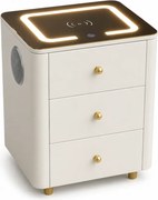 RESIGILAT- Noptieră inteligentă multifuncțională, 3 sertare, LED-uri tactile, 3 tipuri de culoare, încărcare fără fir, Difuzor Bluetooth, sticla securizata, Alb