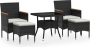 vidaXL Set mobilier grădină, 5 piese, negru, poliratan/sticlă tratată