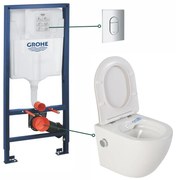 Set vas wc suspendat cu functie bideu alb si baterie inclusa crom Foglia Oslo, rezervor wc incastrat si clapeta crom lucios, Grohe