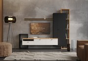 Mobilier de perete living, negru/alb/stejar craft auriu, DENISO