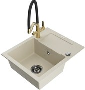 Mexen Enzo chiuvetă din granit cu 1 compartiment cu scurgător și baterie de bucătărie Duo, bej - 6506-69-671701-57-B