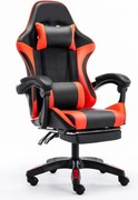 Scaun gaming, Masaj în perna lombară, Rabatabil 90-145°, Suport picioare, piele PU, Negru/Rosu