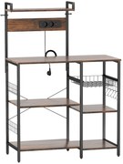 HOMCOM Raft pentru bucătărie, raft independent cu 2 prize, 5 cârlige S, 5 polițe, coș, bare în X, oțel 90 x 42 x 130 cm | Aosom Romania