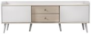 Comodă TV cu 2 sertare, uși glisante cu dungi și picioare stabile din lemn, 160x40x58 cm, Alb