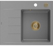 Chiuvetă granit Mexen Ben cu 1 cuvă și scurgător dreapta 600 x 500 mm, gri, sifon auriu - 6523605000-71-G