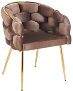 Scaun dining, tapiterie catifea, cadru metalic auriu, Maro inchis