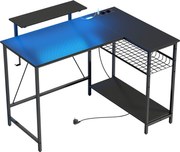 HOMCOM Birou Gaming Reversibil în L cu LED, 114,5x82 cm Birou Colțar cu Prize Electrice, Suport pentru Monitor și Rafturi Reglabile din Rețea, Stație Gaming pentru Acasă, Birou sau Studiu, Negru | Aosom Romania