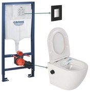 Set vas wc suspendat cu functie bideu alb si baterie inclusa negru mat Foglia Oslo, rezervor wc si clapeta neagra din sticla, Grohe