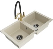 Mexen Mario chiuvetă de granit cu 2 cuve și baterie de bucătărie Duo, bej - 6504-69-671701-57-B