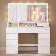 Masuta machiaj cu Oglinda LED si 9 Sertare pentru Cosmetice, Set Masa toaleta 107 cm, Alb, masuta cosmetica, vanity - SEA11
