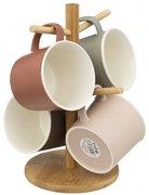 Set cani Sandy, ceramica, 4 piese, suport lemn, 380 ml