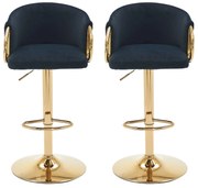 Set de 2 scaune de bar moderne, rotative și reglabile pe înălțime, cu spătar și suport pentru picioare auriu, pentru bucătărie, bar și tejghea de restaurant, Negru