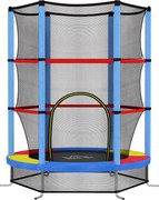 HOMCOM Saltea Elastică pentru Copii 3-6 Ani cu Plasă de Protecție, 6 Stâlpi și 3 Intrări, Ø140x190 cm, Multicolor | Aosom Romania