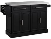 HOMCOM Insulă de bucătărie pe roți Blat din oțel inoxidabil Sertare Rafturi reglabile Suport pentru condimente Suport prosoape 145x45x93 cm Negru | Aosom Romania
