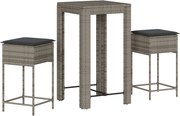 vidaXL Set mobilier bar de grădină, cu perne, 3 piese, gri, poliratan