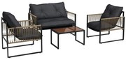 Outsunny Set de Mobilier de Grădină din 4 Piese PE Rattan cu Canapea Dublă, Fotoliu, Măsuță de Cafea din Sticlă, 106x70x72 cm, Gri