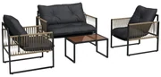 Outsunny Set de Mobilier de Grădină din 4 Piese PE Rattan cu Canapea Dublă, Fotoliu, Măsuță de Cafea din Sticlă, 106x70x72 cm, Gri