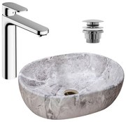 Pachet lavoar pe blat Rea Lara Stone gri 48.5 cm, baterie lavoar Hansgrohe Vernis Blend crom si ventil lavoar Click-Clack crom