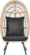 Scaun tip ou din ratan PE pentru grădină sau terasă, cu pernă groasă, material impermeabil, 74x83x146 cm, Negru/Bej