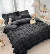 Set Lenjerie de Pat 2 Persoane Bumbac Finet Creponata Uni cu Volanase, 6 Piese - Negru