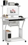 HOMCOM Birou de calculator pe role cu rafturi de depozitare, stație de lucru și suport pentru tastatură, 80x50x130cm, alb | Aosom Romania