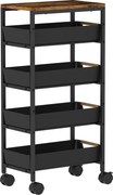 HOMCOM Cărucior de bucătărie cu 5 niveluri și 4 coșuri detașabile, din metal, PP și PAL, 39,5x24x82 cm, negru/stejar | Aosom Romania