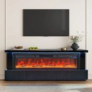Șemineu Electric cu Flacără LED în 7 Culori, Comodă TV, Bluetooth, Difuzoare Integrate, Iluminare LED Ambientală, Telecomandă, MDF, Finisaj Negru Oglindă