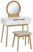 HOMCOM Coafetoare Design scandinav Masă de Machiaj cu Oglindă, 2 sertare și Taburet Alb pin Deschis | Aosom Romania