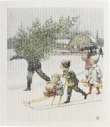 Lavetă artizanală din bumbac cu ilustrație de Crăciun de Elsa Beskow, alb, 17×20 cm, „Home for Christmas"