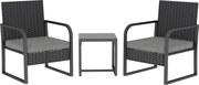 Outsunny Set de Grădină 3 Piese din Rattan PE și Oțel, Set cu 2 Fotolii cu Perne Lavabile și Măsuță de Cafea cu Blat din Sticlă, Set de Mobilier pentru Balcon, Terasă sau Curte, Gri Închis și Negru | Aosom Romania