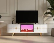 RESIGILAT- Comoda TV cu șemineu electric și riflaje, boxe Bluethooth, telecomandă, Alb/Auriu, 180x40x50cm