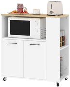 HOMCOM Cărucior de Bucătărie cu Raft Deschis, Dulăpior cu 2 Uși și Raft Lateral pe 2 Niveluri, 75x40x80,5 cm, Alb | Aosom Romania