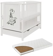 Patut din lemn masiv 120x60 cm Bria alb cu sertar si saltea cocos LUX 120x60x9 cm, reglabil pe 3 nivele, certificat EN71