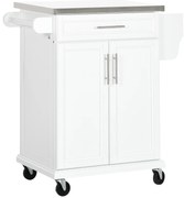 HOMCOM Masuta bucatarie cu rotile insula centrala de bucatarie cu blat din otel, raft reglabil, sertar, suport pentru condimente, alb | Aosom Romania